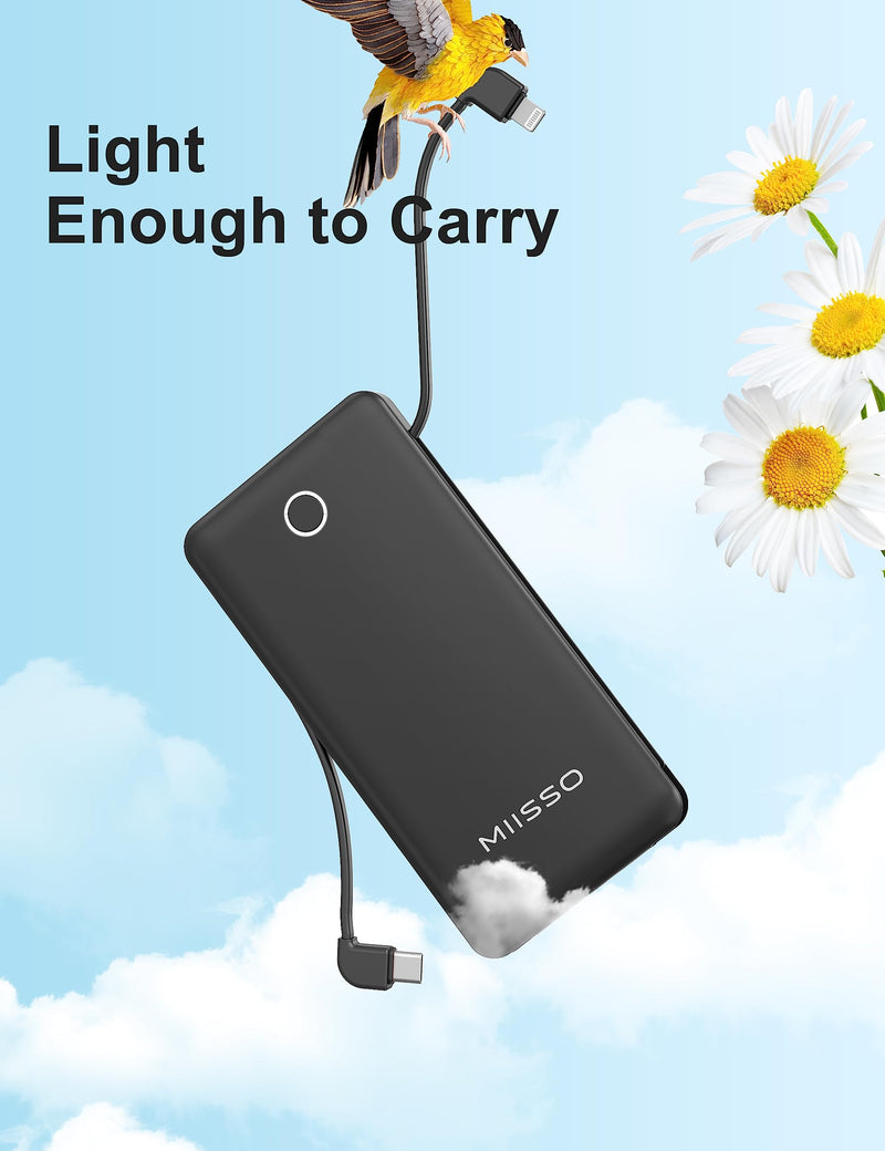 miisso 10000mah Slim Portable Charger with Built in Cable, Power Bank Travel Phone Charger External Battery Pack for Phones, 4 Output USB C Cords Clutch Charger Compatible with iPhone, Samsung, Black