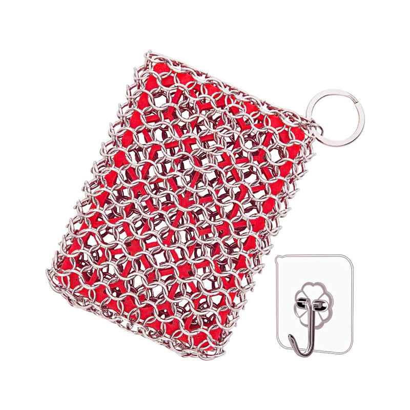 Cast Iron Cleaner,Stainless Steel Cleaner Chain Iron Scrubber with Silicone Insert,Chainmail Scrubber for Cast Iron Pans Cookware Skillet Dishwasher,Kitchen Tools Gadught (Cleaner Red)