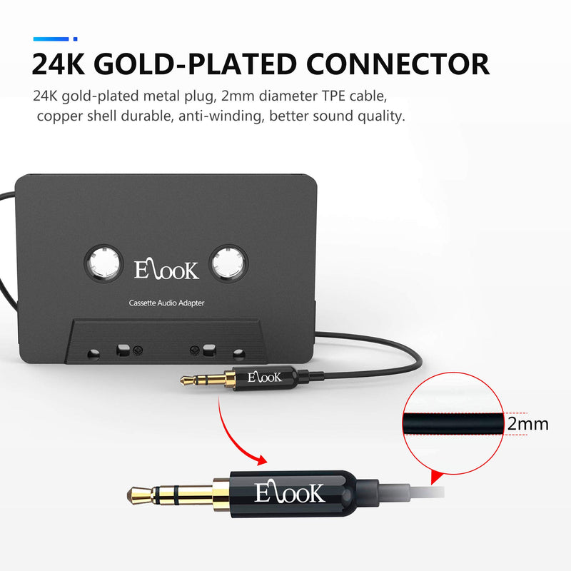 Elook Car Cassette Aux Adapter, 3.5mm Universal Audio Cable Tape Adapter for Car, Phone, MP3 ect. Black