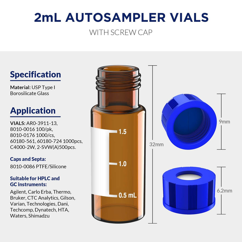 Autosampler Vials 2mL, HPLC/GC Sample Vials, with Writing Area and Graduations, 9-425 Screw Cap, Blue PTFE & White Silicone Pre-Slit Septa, 100 PCS Amber Blue White Pre-Slit