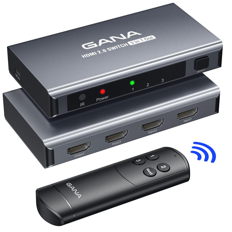 HDMI Switch 3 in 1 Out 4K@60Hz, GANA HDMI Splitter Switcher with Remote, Aluminum HDMI 2.0 Switch Box Hub for 3D, HDCP2.2, HDR, Compatible with Xbox, PS5/4/3,Fire Stick,Roku,Blu-Ray Player, Grey