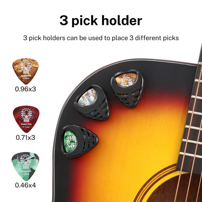 Donner 3 Pack Guitar Pick Holder Mini Sticky Style,10 Pcs Picks of Thin Medium Heavy,9 Pcs 3M Stickers for Acoustic Guitar Electric Guitar Bass Ukulele Banjo