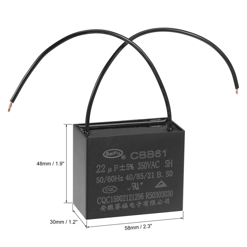 uxcell Ceiling Fan Capacitor CBB61 22uF 350V AC 2 Wires Metallized Polypropylene Film Capacitor 58x48x30mm for Electric Fan Pump Motor Generator 2Pcs