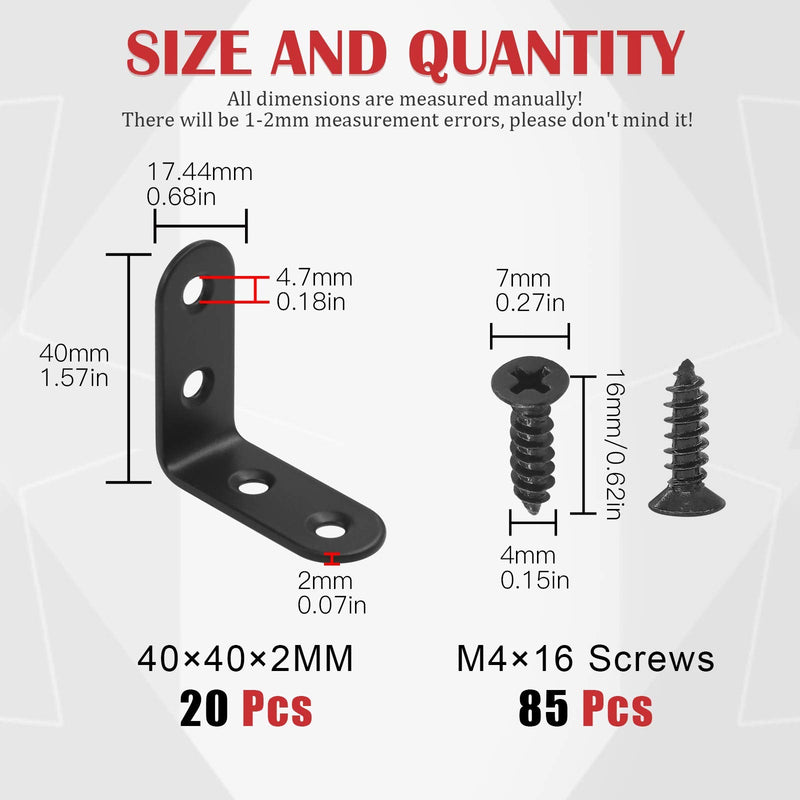 Hilitchi Stainless Steel Black L Bracket Corner Brace 90 Degree Right Angle Brackets Sets with Screws Corner Fastener for Shelves Steel Joints Support (40mm, 20 Pack) 40MM