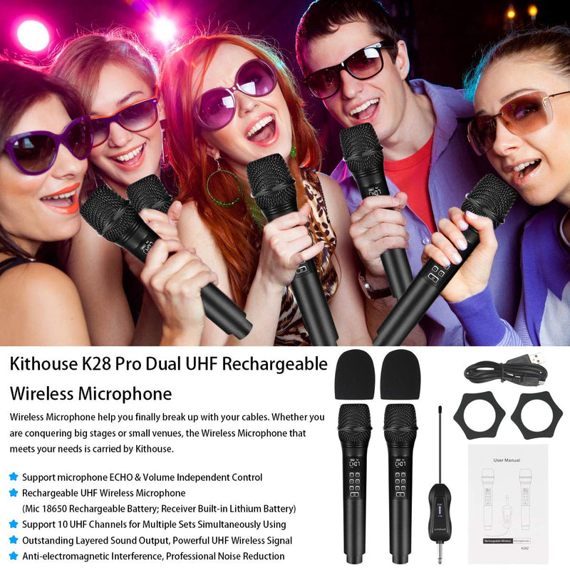 [AUSTRALIA] - Kithouse K28 Rechargeable Wireless Microphone Karaoke Microphone Wireless Mic + Volume Control + Echo with Receiver System, UHF Cordless Microphone for Karaoke Singing Speech Church, Black 