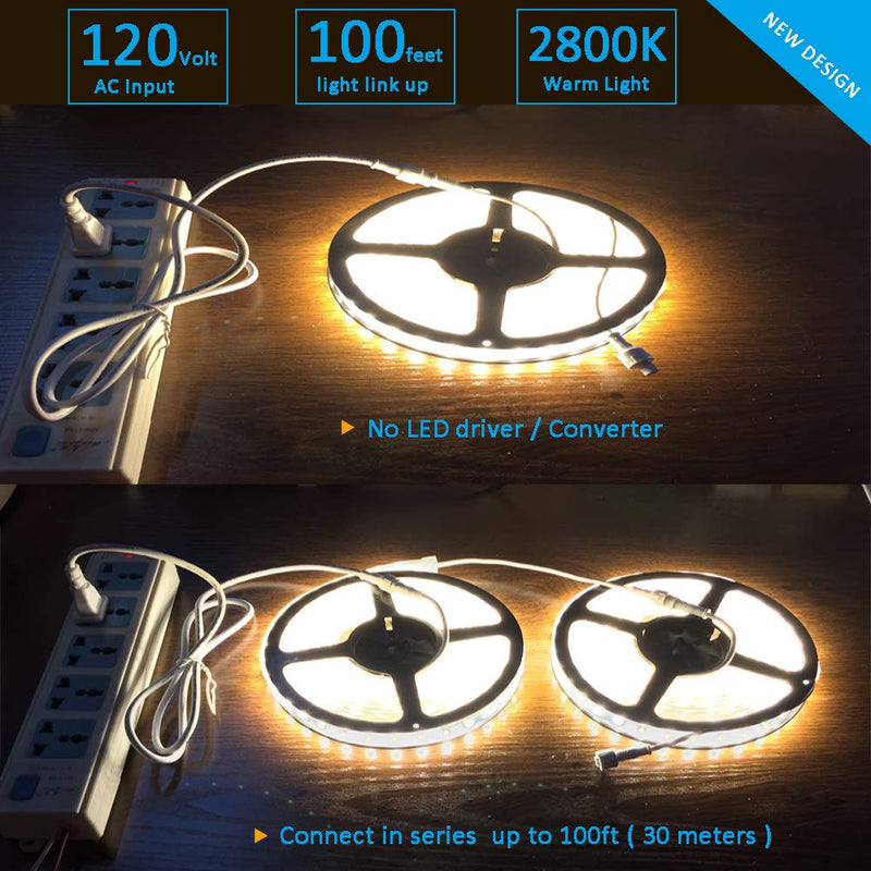 Enersystec 120V LED Strip Light Dimmable by Wall Dimmer Switch, Waterproof IP65, No Need LED Driver, Warm White 2800K LED Rope Light, 300 LED 16.4ft LED Tape Light for Indoor or Outdoor