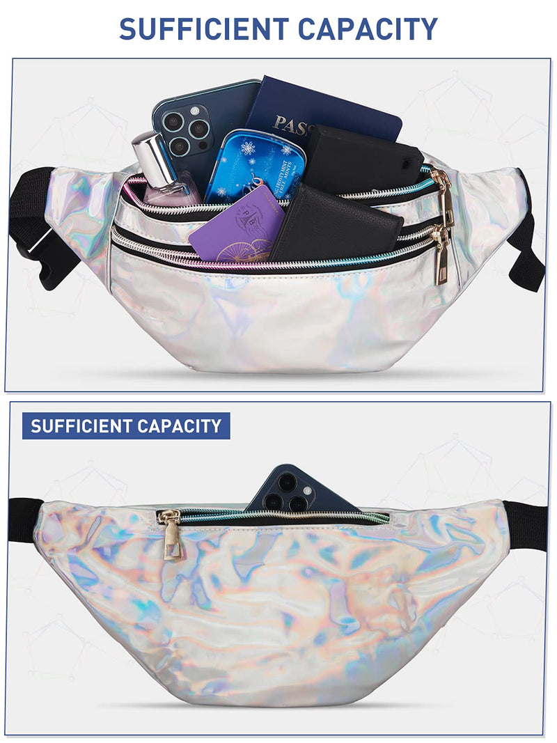 LIVACASA Holographic Fanny Packs for Women Cute Black Waist Packs Shiny Waist Bum Bag Waterproof for Travel Party Festival Running Hiking All Silver 12.2 ''x 9'' x5''