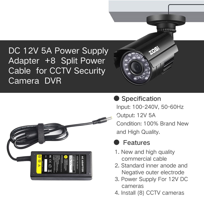DC 12V 5A Power Supply Adapter with 8 Splitter Power Cable for Security Camera CCTV DVR Surveillance System