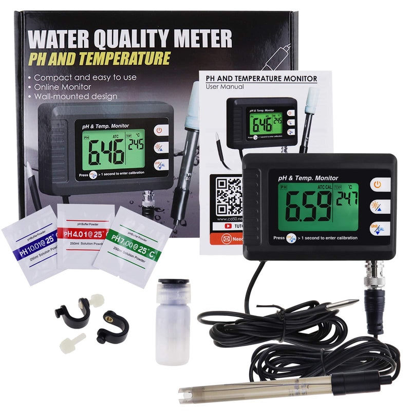 2 in 1 Temperature pH Monitor Meter Tester Sensor Test Kit 0~14 pH Automatic Calibration BNC Electrode Probe for Hydroponics Aquarium Lab Testing Food Drinking Water pH of Saltwater/seawater ph & Temp. Monitor