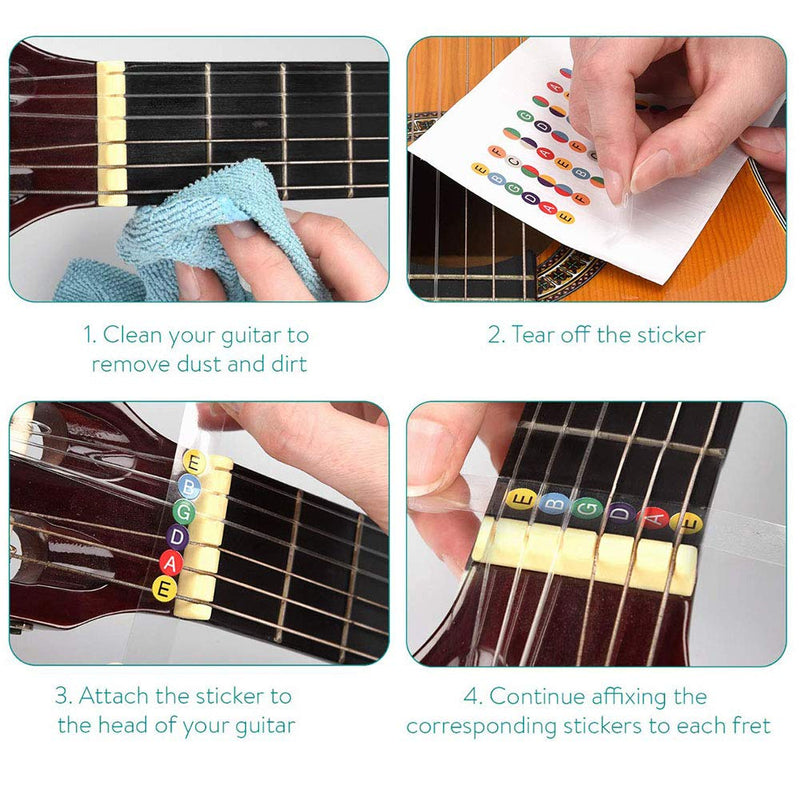 4Pcs Guitar Fretboard Note - Guitar Fretboard Note Decals Fingerboard Frets Map Sticker for Beginner Learner Practice Fit 6 Strings Acoustic Electric Guitar(Black, Transparent)