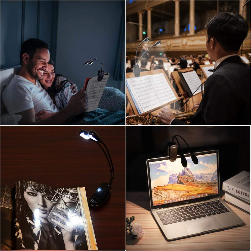 Music Stand Light, Clip on LED Book Lights, USB and AAA Battery Operated, Reading Lamp in Bed, 4 Brightness Levels, ideal for Bookworms, Piano Player, Kids, Travel (Dual Arm)