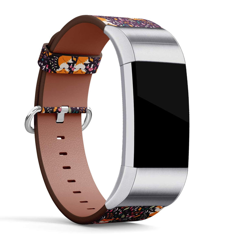 Compatible with Fitbit Charge 2 - Leather Watch Wrist Band Strap Bracelet with Stainless Steel Clasp and Adapters (Flowers Foxes Mushrooms)
