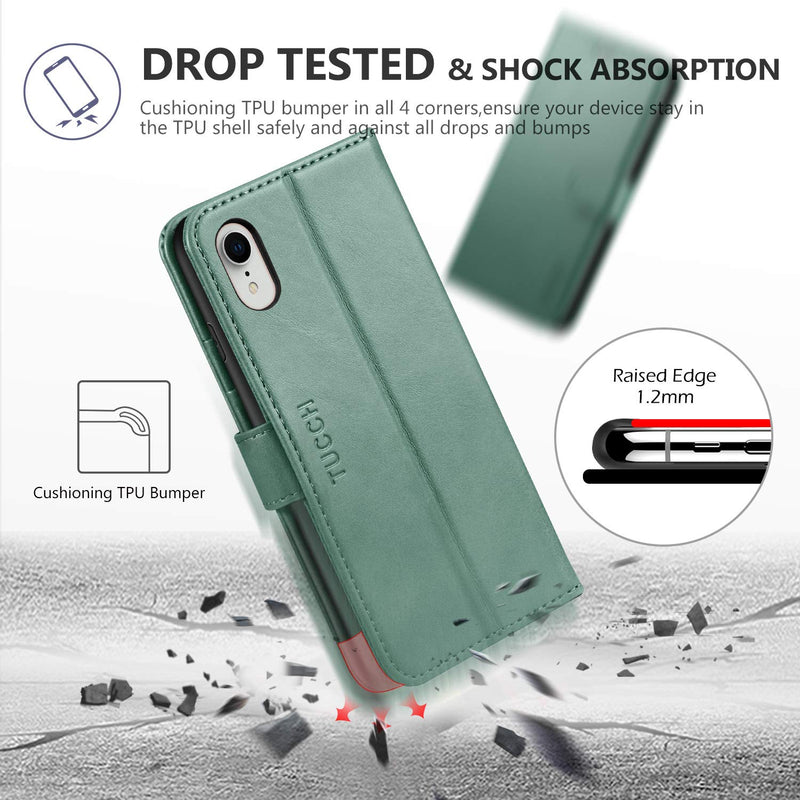 [AUSTRALIA] - TUCCH iPhone XR Wallet Case, iPhone XR Case, Premium PU Leather Flip Cover [Shockproof TPU Shell] with Stand RFID Blocking Credit Card Slot Wireless Charging Compatible with iPhone XR, Myrtle Green 