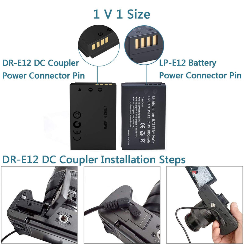 HY1C ACK-E12 AC Power Adapter LP-E12 DR-E12 Dummy Battery Coupler Kit for Canon EOS M50 Mark II M2 M10 M50 M100 M200 Cameras.