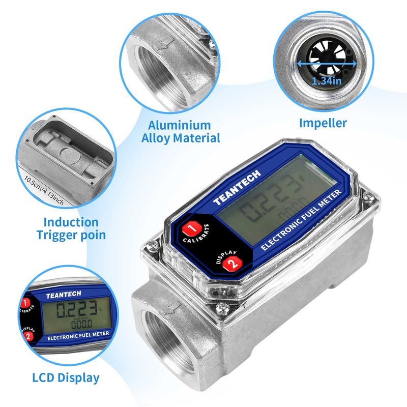 Digital Turbine Flow Meter Digital LCD Display with NPT Counter Gas Oil Fuel Flowmeter for Measure Diesel Kerosene Gasoline (1 Inch) 1 inch Black blue