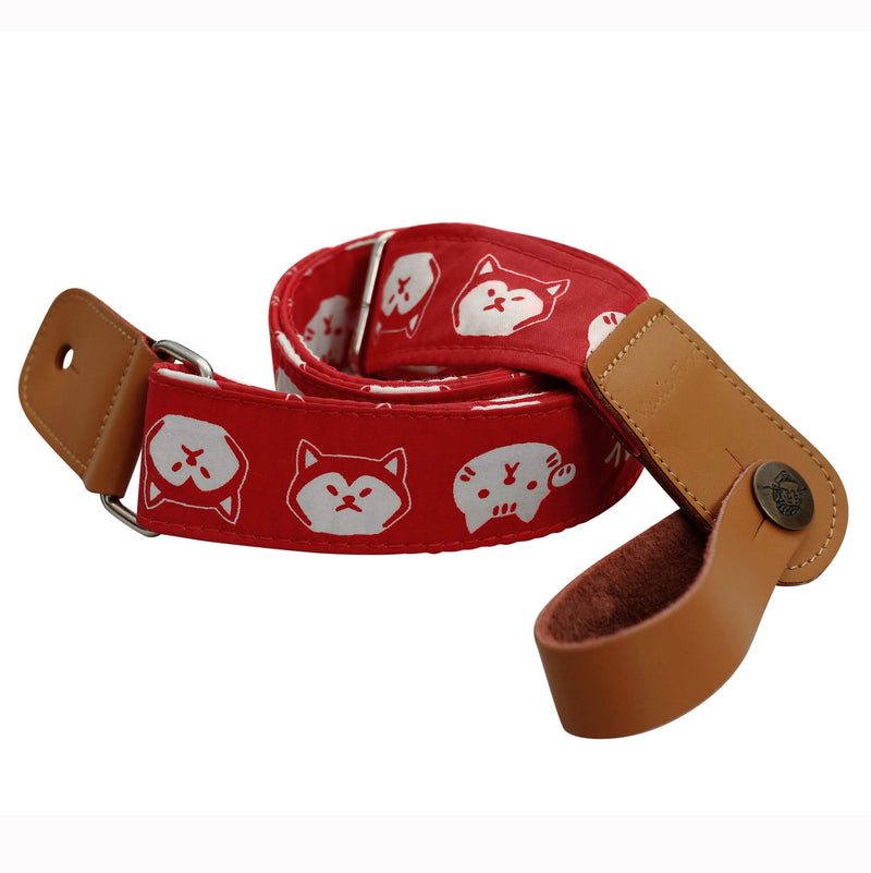 MUSIC FIRST Original Design Cute Cartoon “Red Serious Shiba Inu Dog” Soft Cotton & Genuine Leather Ukulele Strap Ukulele Shoulder Strap With a MUSIC FIRST Genuine Leather Strap Locker