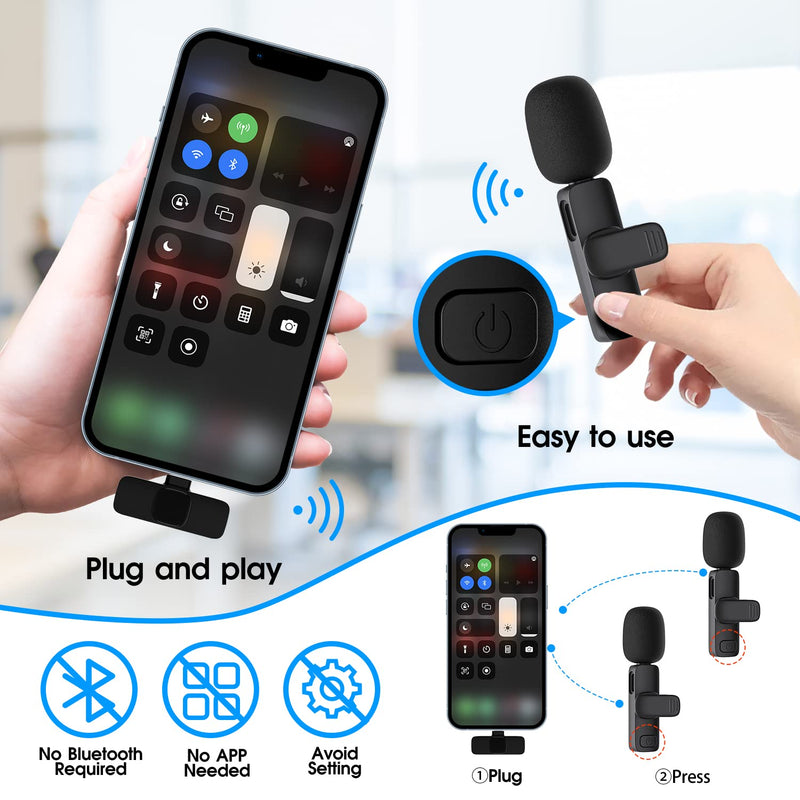 [AUSTRALIA] - Kopdkes 2 Pack Wireless Lavalier Microphone for iPhone iPad, Lapel Mics Plug-Play 2.4G Ultra-Low Delay Built-in Noise Reduction Chip 8H Working Time for Video Recording Interview Podcast Vlog YouTube Pro Max 
