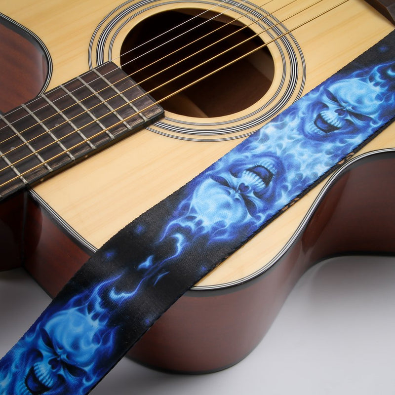 Guitar Strap with Leather Ends Adjustable Polyester Sling for Bass, Electric, Acoustic Guitars Unique Blue Skull Pattern