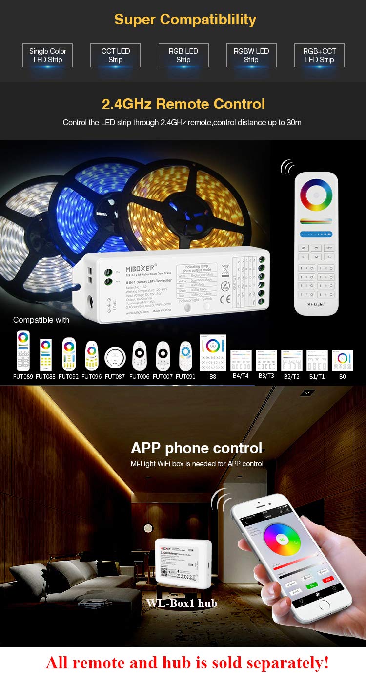 [AUSTRALIA] - Mi.Light LS2 Led Strip Lights 2.4GHz Wirelss 5 in 1 Controller,Compatible with Single Color,RGB,RGBW,WW+CW,RGB+CCT Led Strip Lights,8-Zone Remote & iBox Hub for Smartphone APP Control Sold Separately 