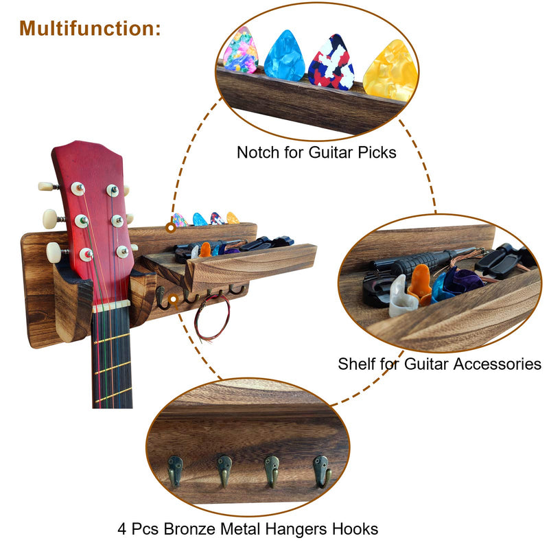 TTCR-II Guitar Wall Hangers Mount,Wooden Guitar Stand Holder Hanger Wall Mount Bracket Rack with 4 Hooks and Pick Holder for Ukulele Violin Bass Electric Guitars Acoustic Classical Guitar Accessories Wood Guitar Bracket -1
