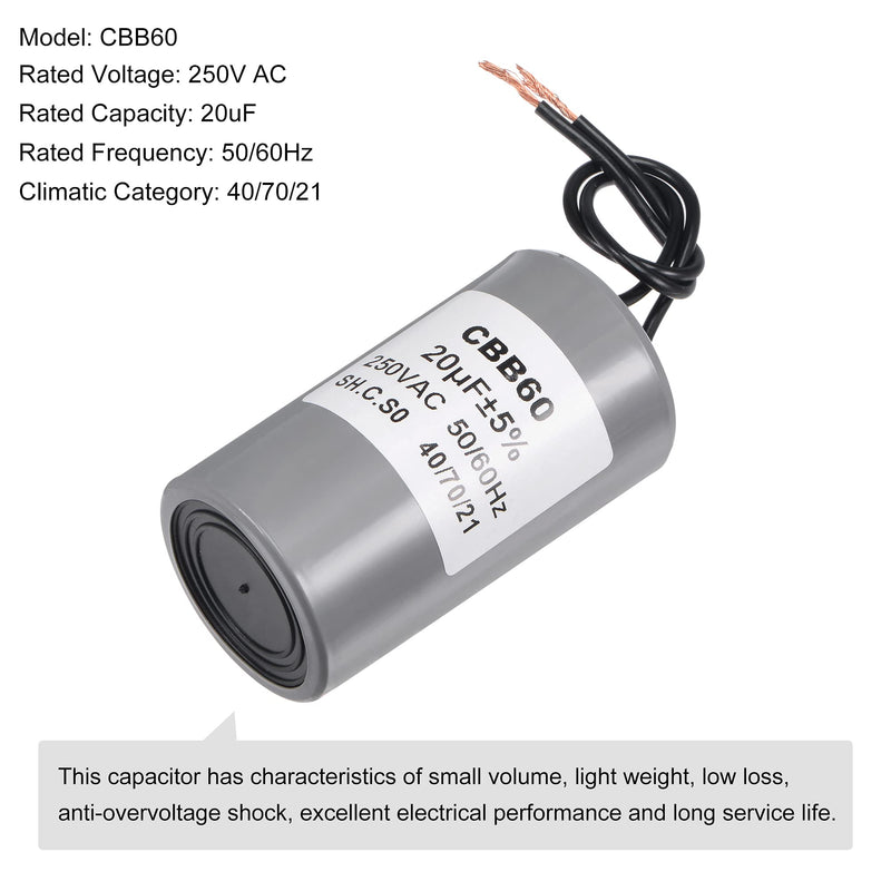 MECCANIXITY CBB60 Run Capacitor 20uF 250V AC 2 Wires 50/60Hz Cylinder 75x40mm for Air Compressor Water Pump Motor