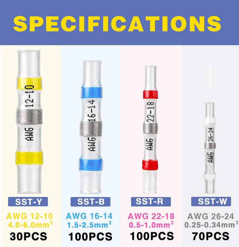 300PCS Solder Seal Wire Connectors-haisstronica Marine Grade Heat Shrink Wire Connectors-Heat Shrink Butt Connectors-Self Solder for Marine,Stereo(30Yellow 70White 100Red 100Blue) Solder Sleeve 300PCS
