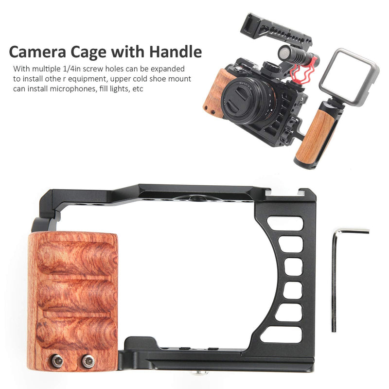 Vlog Camera Cage for Sony A7C, Camera Video Stabilizer Shooting Cage Kit with Wooden Handle Grip, with 1/4in & 3/8in Screw Hole and Cold Shoe Mount