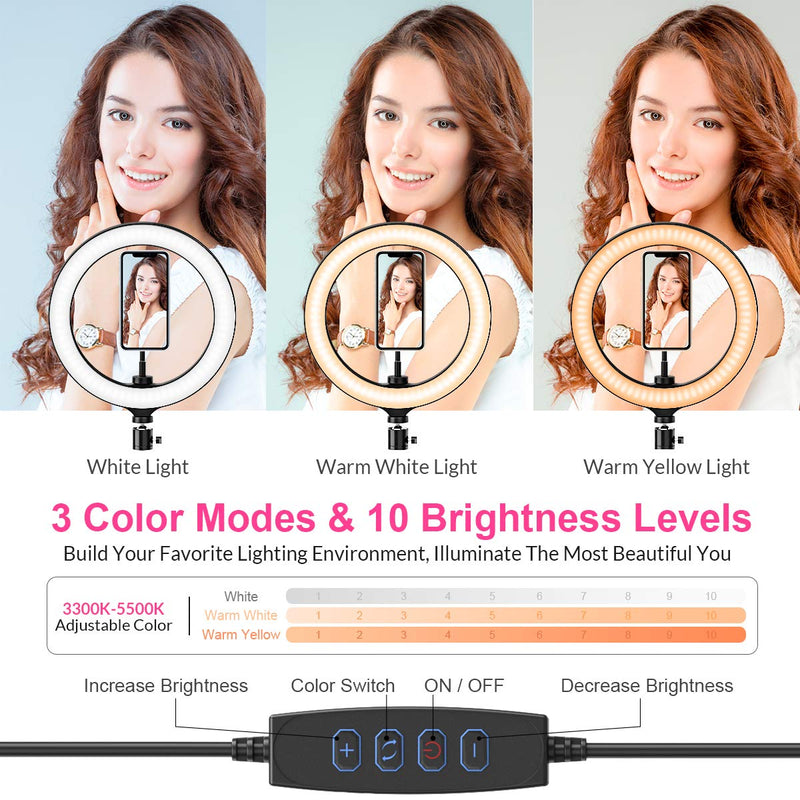 10" LED Selfie Ring Light Kit with 360° Rotating Phone Holder, 3 Color Modes, 10 Adjustable Dimmable Brightness, 18" Tripod Stand for YouTube/Live Stream/Video Shooting/Makeup/Photography 10inch