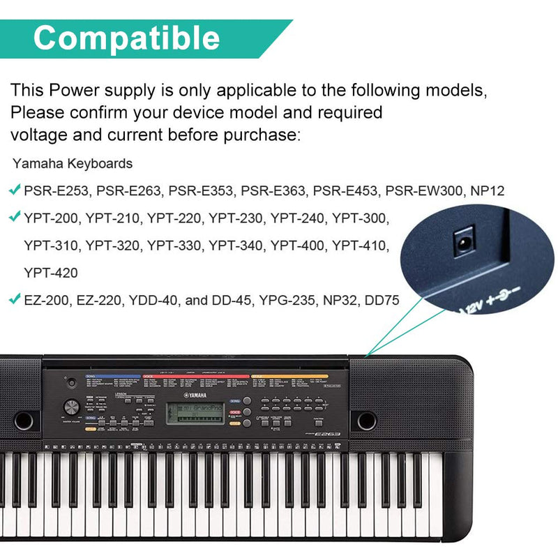 TFDirect 12V Wall Charger for Yamaha PSR-E353,PSR-E253,PSR-E443,PSR-E343 PSRE353 PSRE253 PSRE443 PSRE34 Ypt320 Ypg-225 Ypg225 Ypg-235 Ypg235;Williams Allegro 1 2,Legato 88-Key Digital Piano Keyboard