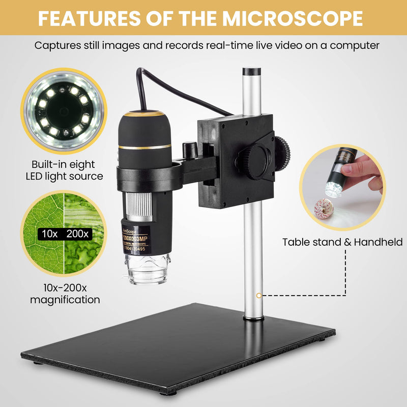 Amscope UTP200X003MP Digital 2MP USB Microscope, 10X-200X Magnification, Built-In Eight LED Light Source, Table Stand, Includes Software CD