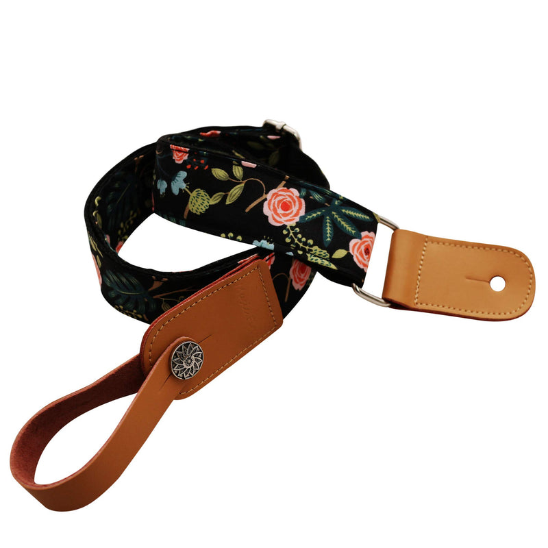 MUSIC FIRST Original Design “Dark Night Garden” Soft Cotton & Genuine Leather Ukulele Strap Ukulele Shoulder Strap With a MUSIC FIRST Genuine Leather Strap Locker