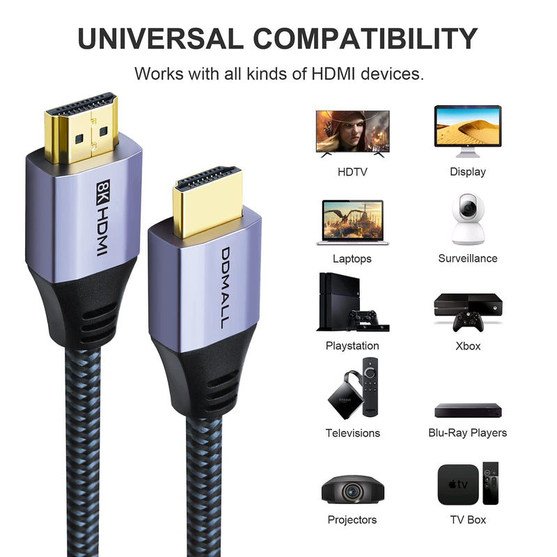 8K HDMI 2.1 Cable 15FT, DDMALL Ultra High Speed 48Gbps 8K60Hz 4K120Hz 240Hz 10K VRR HDR10 eARC HDCP 2.2&2.3 Nylon Braided Compactible with PS5, PS4, PS3, PCs, TVs 1 Pack