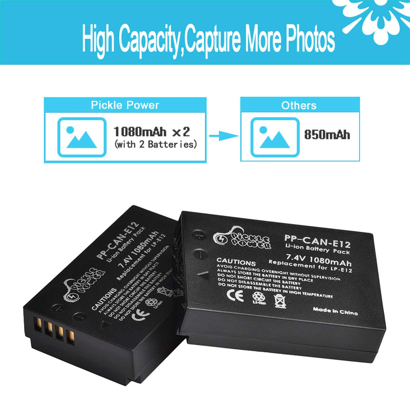 Pickle Power LP-E12 LPE12 LP E12 Battery(2-Pack) and LCD USB Dual Charger Compatible with Canon Rebel SL1 100D, EOS M, EOS M2, EOS M10 EOS M50 SX70 HS Mirrorless Digital Camera 2 battery+LCD dual charger