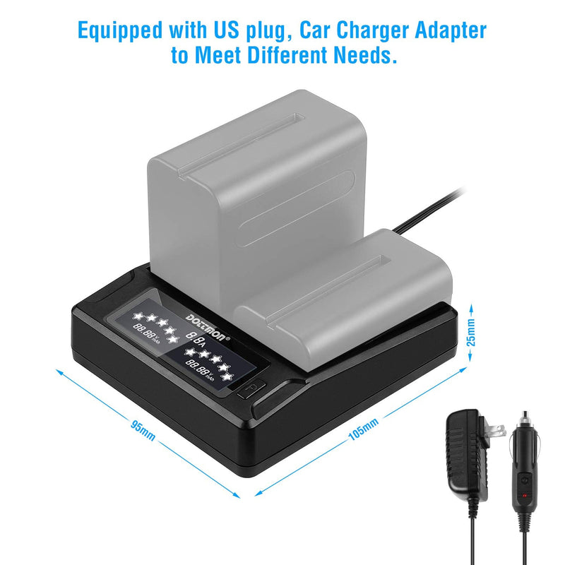 DOTTMON LCD Dual Slots Fast NP-F970 Battery Charger with 2 Plug(US Plug,Car Adapter) for Sony NP-F550 F570 F750 F770 F930 F950 F960 F970, NP-FM50 FM500H QM71 QM91 QM71D QM91D Camcorder Batteries