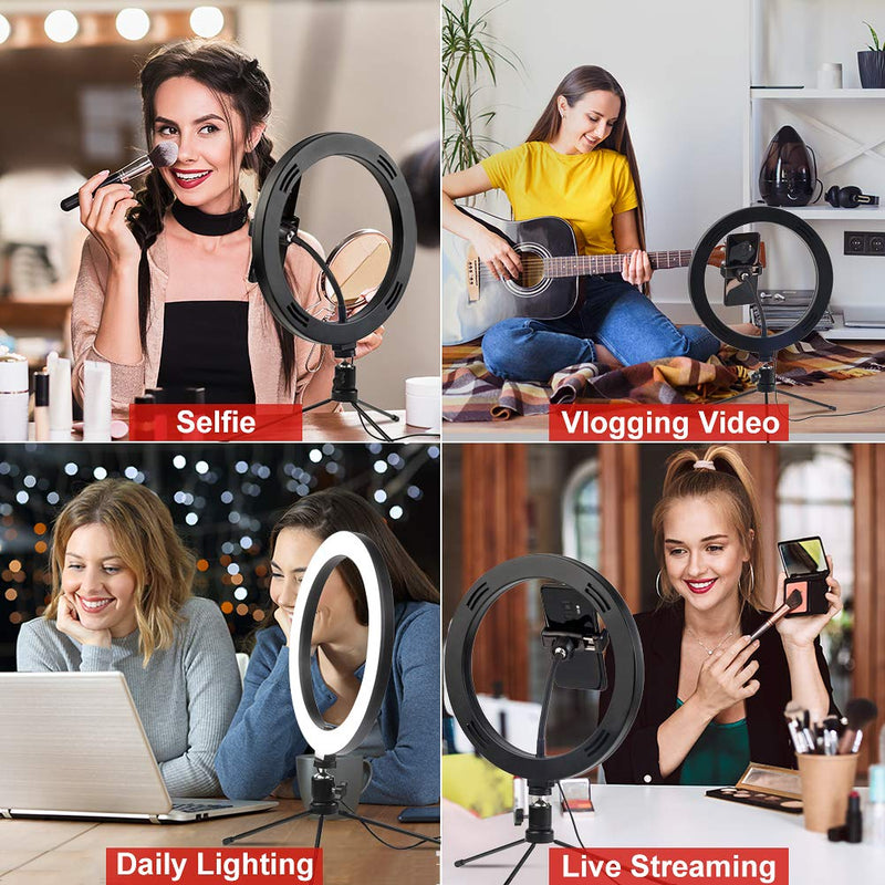 LED Ring Light 10" selfie with Tripod Stand & Phone Holder for Live Streaming & YouTube Video, Dimmable Desk Ring Light for Photography, Shooting with 3 Light Modes & 10 Brightness Level,Self-Portrait