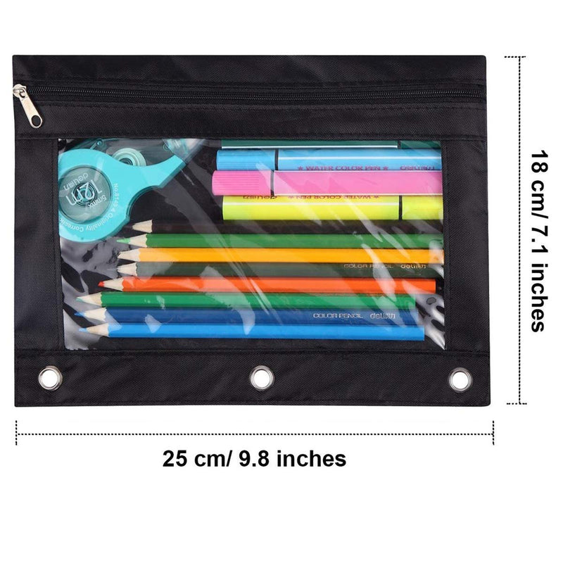 Pencil Pouch 3 Ring, Zipper Pencil Pouches Case Binder Cosmetic Bag Black 2 Pack (Black)