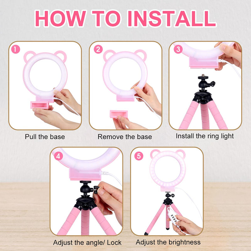 Lusweimi LED Ring Light 6 Inch with Tripod Stand for YouTube Video/Makeup/Live Streaming, Mini LED Ring Light with Cell Phone Holder Tabletop Lamp Suitable for iPhone 9/10/11/X/XS/Android (Pink) pink with phone holder
