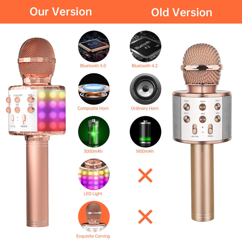 OVELLIC Karaoke Microphone for Kids, Wireless Bluetooth Karaoke Microphone with LED Lights, Portable Handheld Mic Speaker Machine, Great Gifts Toys for Girls Boys Adults All Age (Rose Gold) Rose Gold