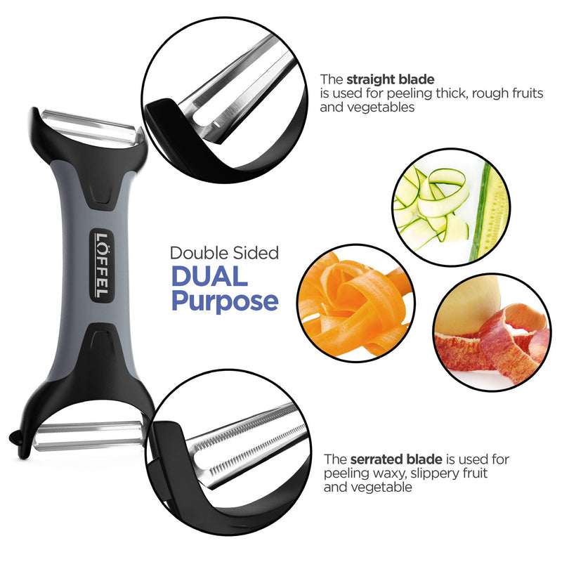 Peeler for Potato Vegetable Orange - Heavy Duty Double Sided Dual Purpose Non Slip Grip Apple Fruit Y Peeler with Ultra Sharp Stainless Steel Straight and Serrated Blades, Dishwasher Safe