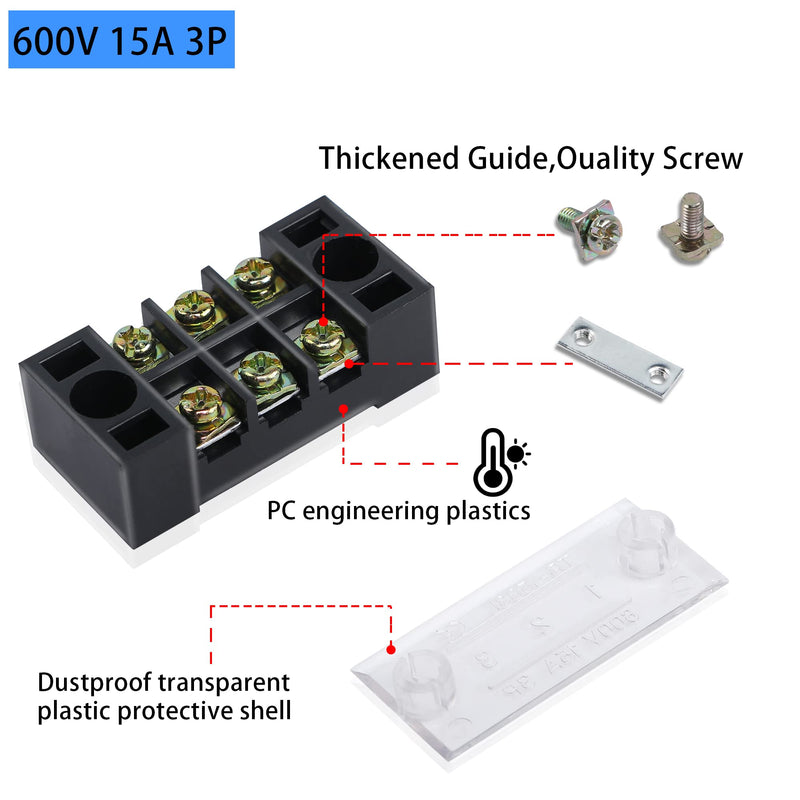 PNGKNYOCN 3 Positions Dual Rows 600V 15A Barrier Screw Terminal Strip Block with Cover TB-1504（10-Pack ）