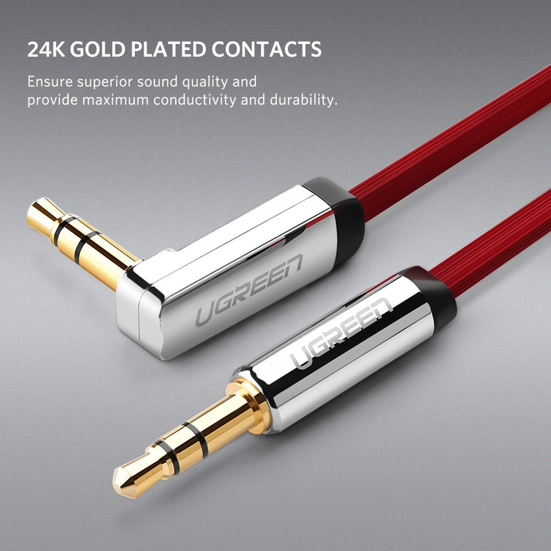 UGREEN 3.5mm Audio Cable, Stereo Aux Jack to Jack Cable 90 Degree Right Angle Auxiliary Cord Compatible for Beats, iPhone, iPod, iPad, Tablets, Speakers, 24K Gold Plated Male to Male Red (1.5FT) 1.5ft