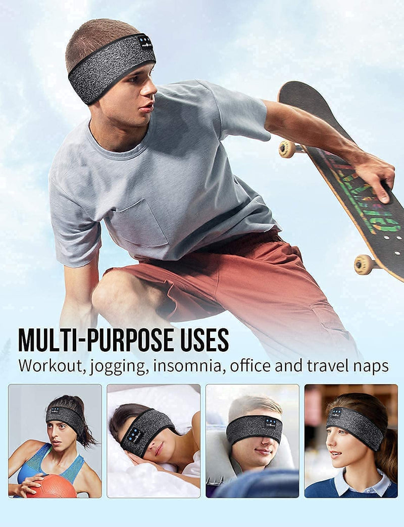 MUSICOZY Sleep Headphones Bluetooth Wireless Sports Headband, Sleeping Eye Mask Earbud for Side Sleepers Air Travel Meditation, Black Mask & Gray Headband, Pack of 2