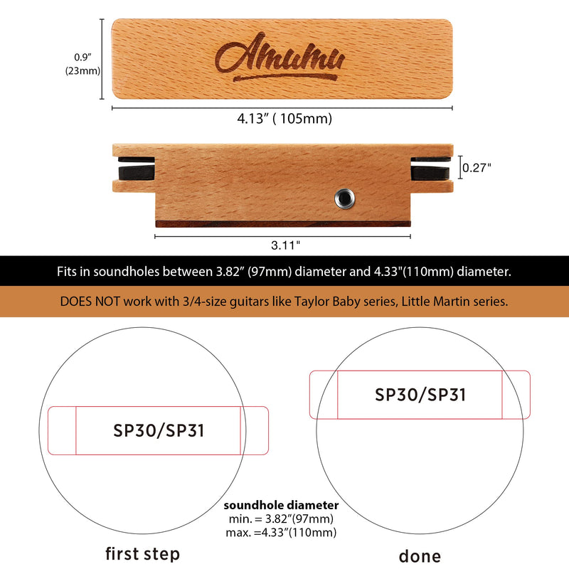 Amumu NEO-SP31 Passive Neodymium Magnetic Soundhole Pickup for Acoustic Guitar 2ft Cable - 1/4'' female jack