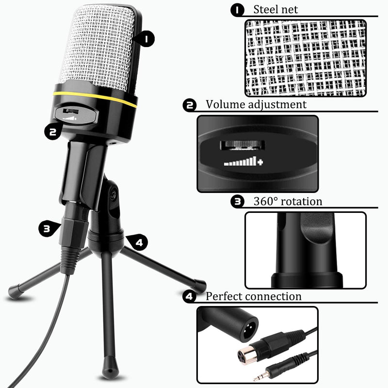 [AUSTRALIA] - Professional Condenser Microphone, Venoro Plug & Play Microphone with Tripod for PC, Computer, Phone for Games, Podcast, Broadcasting (Black) 