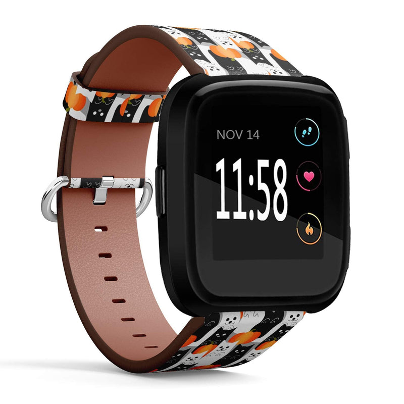 Compatible with Fitbit Versa/Versa 2 / Versa LITE - Quick Release Leather Wristband Bracelet Replacement Accessory Band - Cute Halloween Cat Ghost