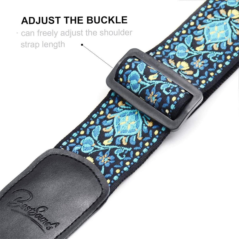 Guitar Strap, Vintage Embroidered Cotton Strap with Genuine Leather Ends for Acoustic and Electric Guitar, Bass Guitars Blue/Yellow