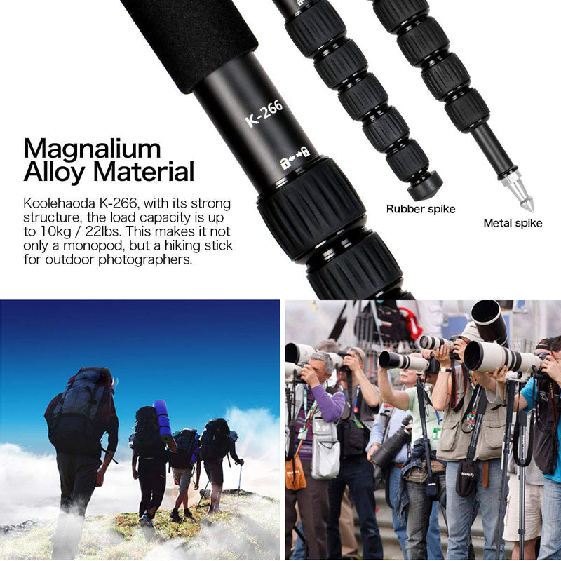 koolehaoda 6-Section Monopod Compact Portable Photography Aluminum Alloy Unipod Stick, Max. Load 10kg / 22lbs, Folding Size is only 15-inch (K-266 Black) K-266 black