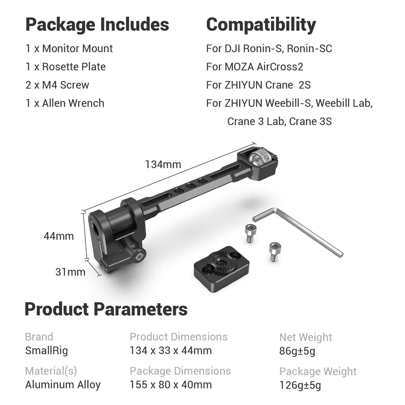 SMALLRIG Adjustable Camera Monitor Mount for DJI Ronin-S/Ronin-SC & ZHIYUN Crane 2S/Crane 3/3S/WEEBILL-S & MOZA AirCross 2 Gimbals - 2889