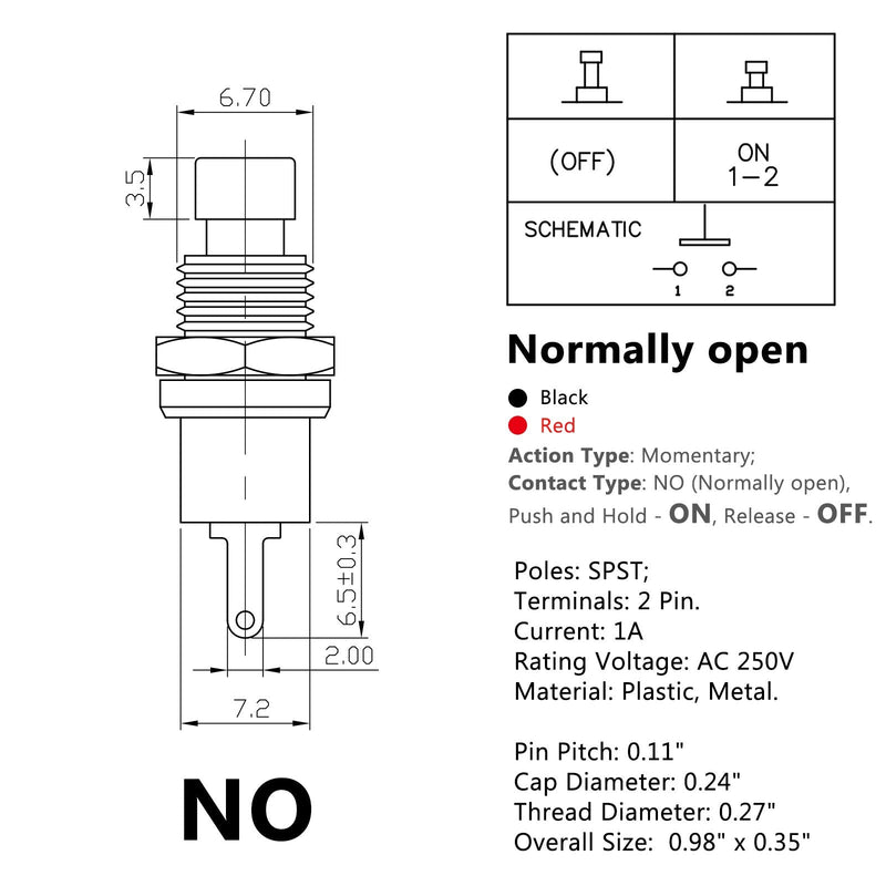 Clyxgs Momentary Push Button Switch, Normal Open(NO) Switch 2 Pin Mini Micro 1A 250V AC Black Cap 30 PCS NO Black-30