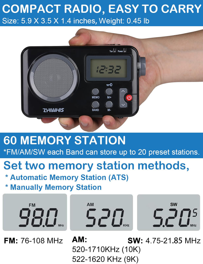 [AUSTRALIA] - ZHIWHIS Portable Radio, AM FM Shortwave Digital Tuner with Best Reception, Battery Operated Clock Radios with Sleep Timer and Preset Function, Stereo Receiver with Alarm Clock for Home ZWS-8801 Black 